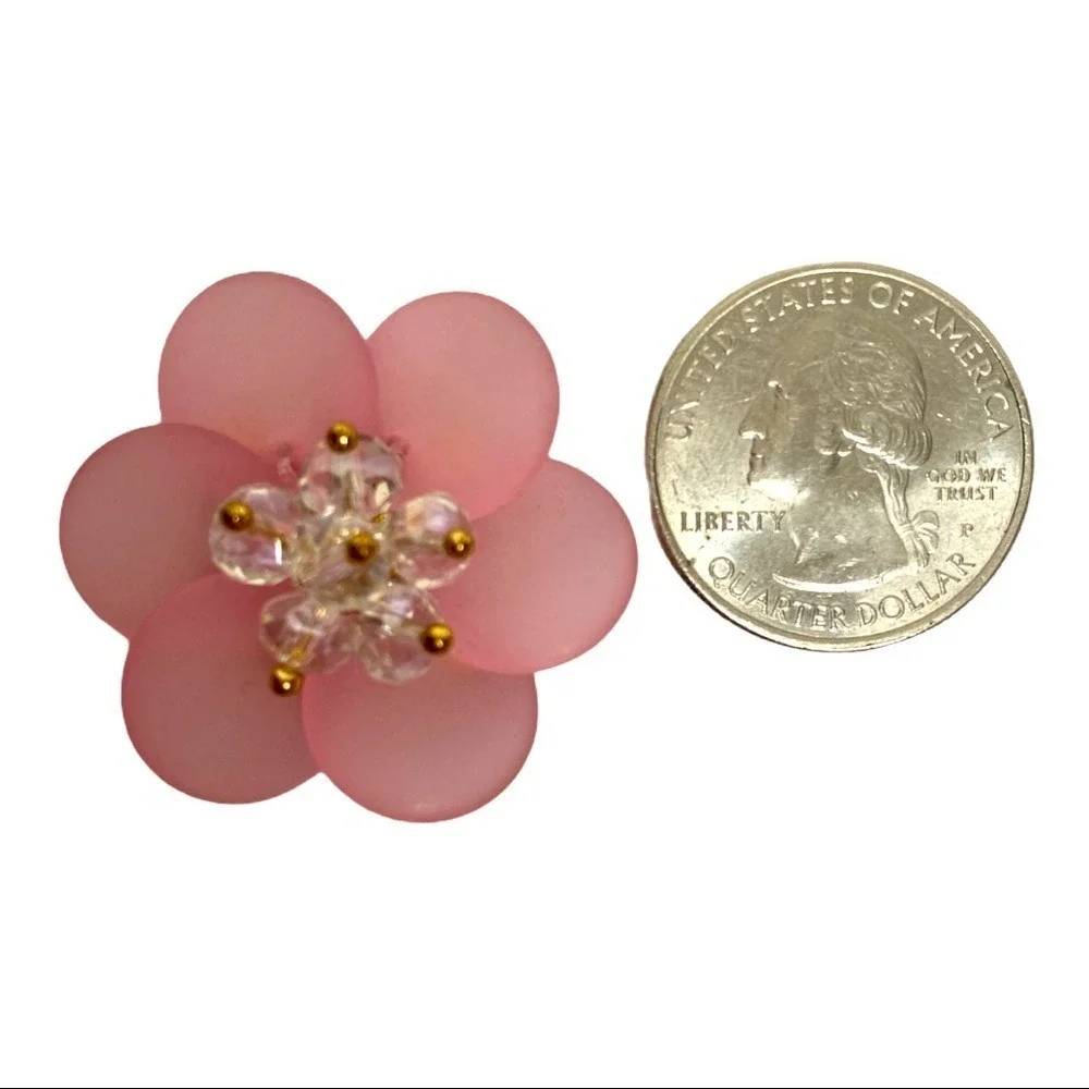 Women's Pink Flower‎ Earrings Crystal Beaded Accent Studs Fashion Jewelry